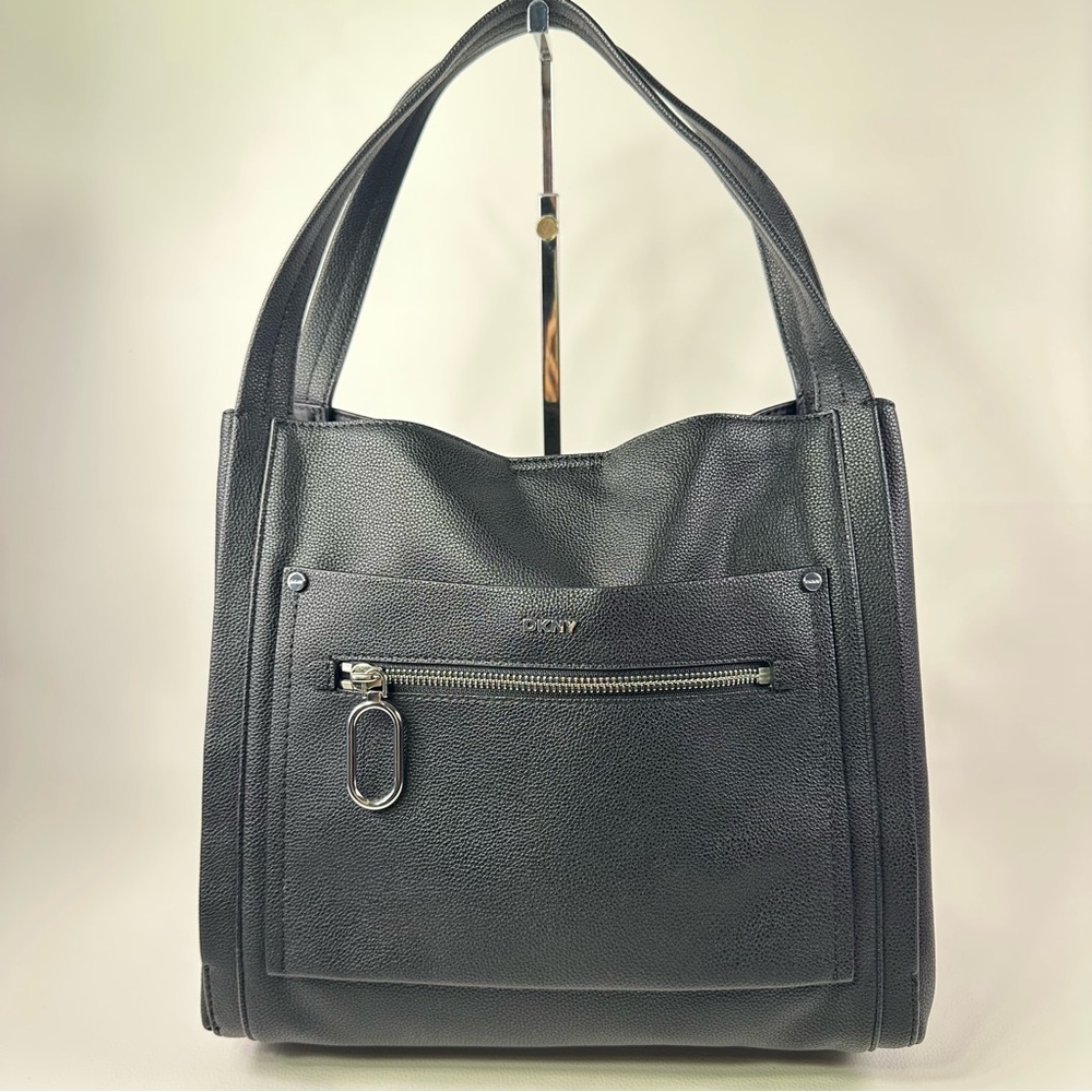 Dkny Black Leather Shoulder Bag with Front Zip Pocket